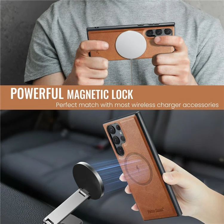 FIERRE SHANN 025 Style For Samsung Galaxy S25 Ultra Case Leather + TPU Detachable Card Slots Phone Cover - Brown