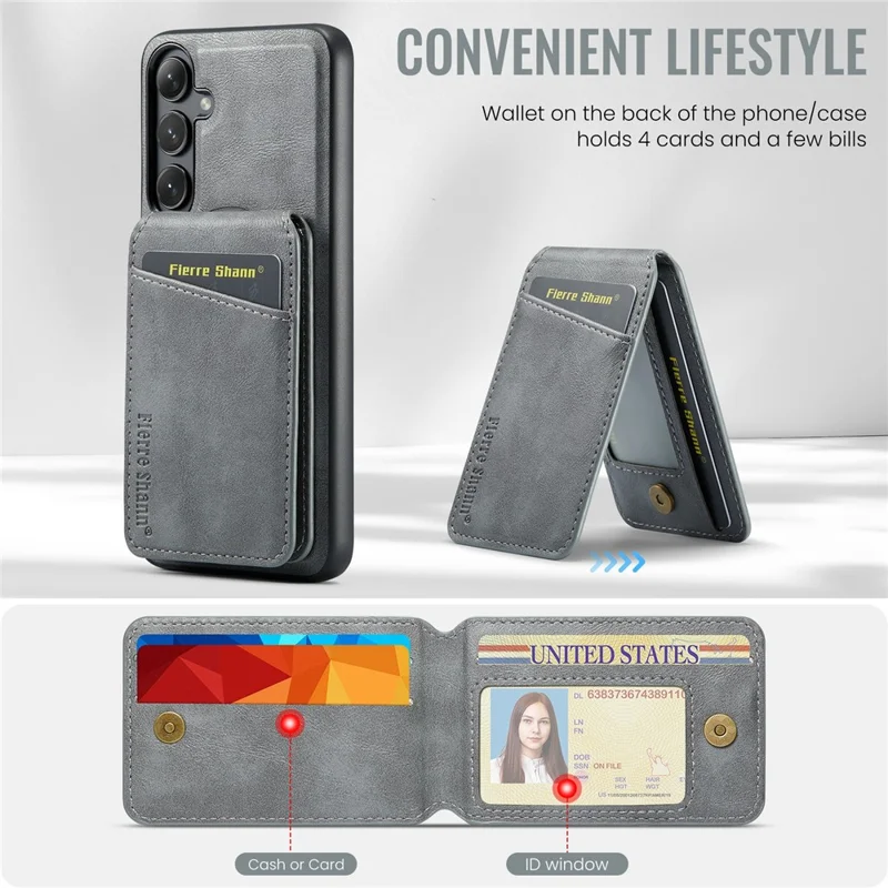 FIERRE SHANN 025 Style For Samsung Galaxy S25 Case Leather + TPU Detachable Card Slots Phone Cover - Grey