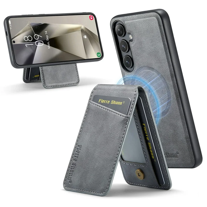FIERRE SHANN 025 Style For Samsung Galaxy S24 FE Case Leather + TPU Detachable Card Slots Phone Cover - Grey