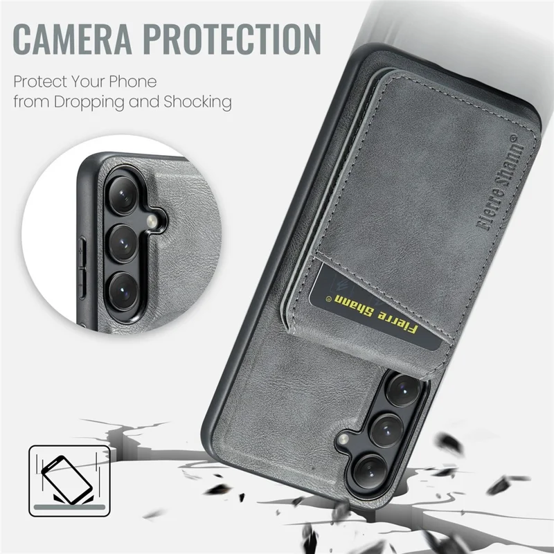 FIERRE SHANN 025 Style For Samsung Galaxy S24 FE Case Leather + TPU Detachable Card Slots Phone Cover - Grey