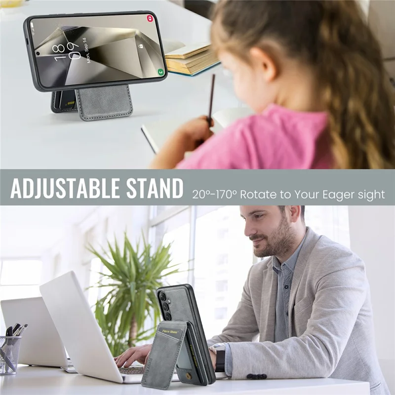 FIERRE SHANN 025 Style For Samsung Galaxy S24 FE Case Leather + TPU Detachable Card Slots Phone Cover - Grey