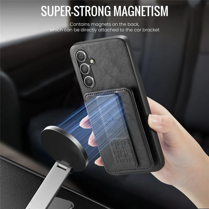 FIERRE SHANN 024 Style For Samsung Galaxy S25+ Case Card Holder Kickstand Waxy Texture Leather + TPU Phone Cover - Black