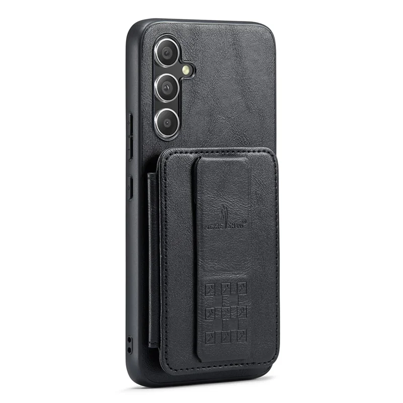 FIERRE SHANN 024 Style For Samsung Galaxy S25+ Case Card Holder Kickstand Waxy Texture Leather + TPU Phone Cover - Black