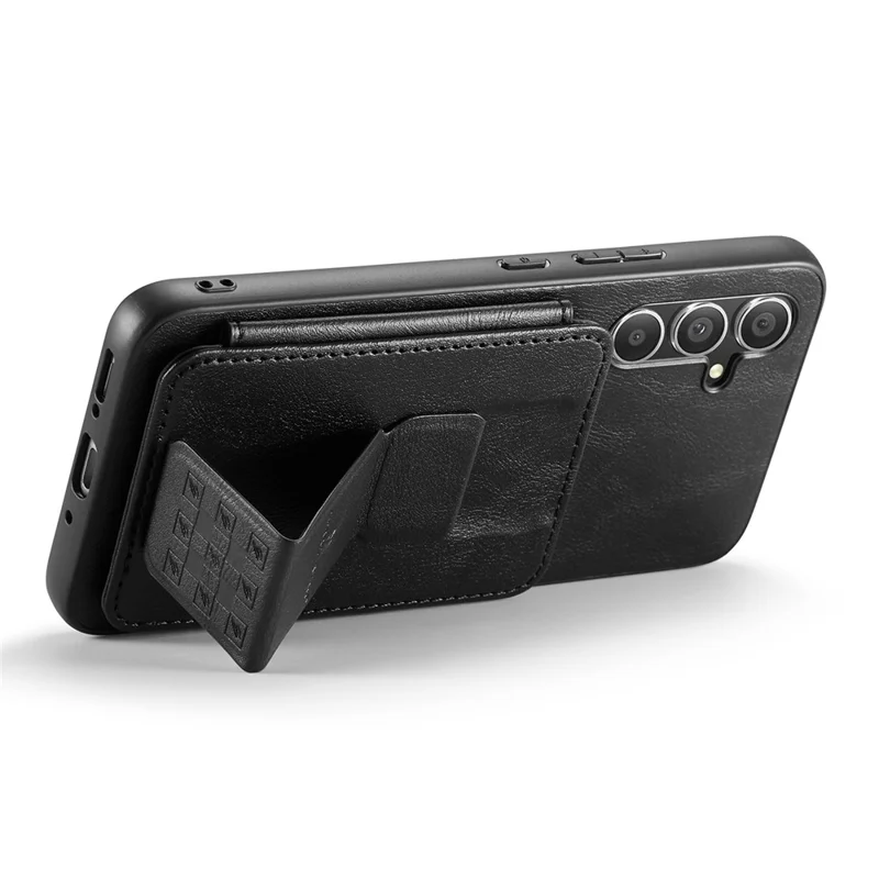 FIERRE SHANN 024 Style For Samsung Galaxy S25+ Case Card Holder Kickstand Waxy Texture Leather + TPU Phone Cover - Black