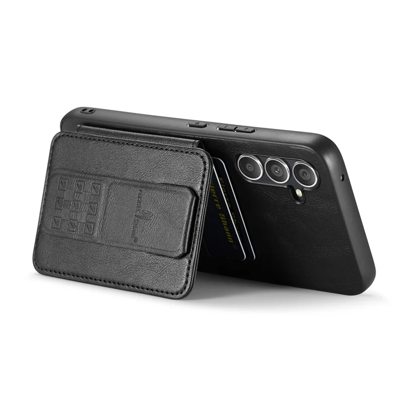 FIERRE SHANN 024 Style For Samsung Galaxy S25+ Case Card Holder Kickstand Waxy Texture Leather + TPU Phone Cover - Black