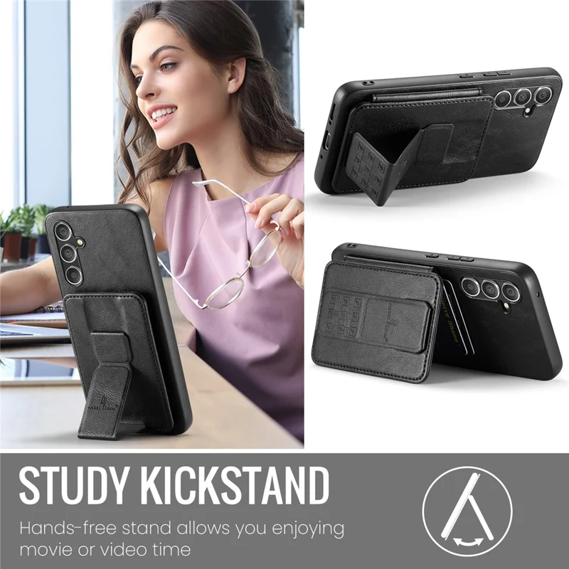 FIERRE SHANN 024 Style For Samsung Galaxy S25+ Case Card Holder Kickstand Waxy Texture Leather + TPU Phone Cover - Black