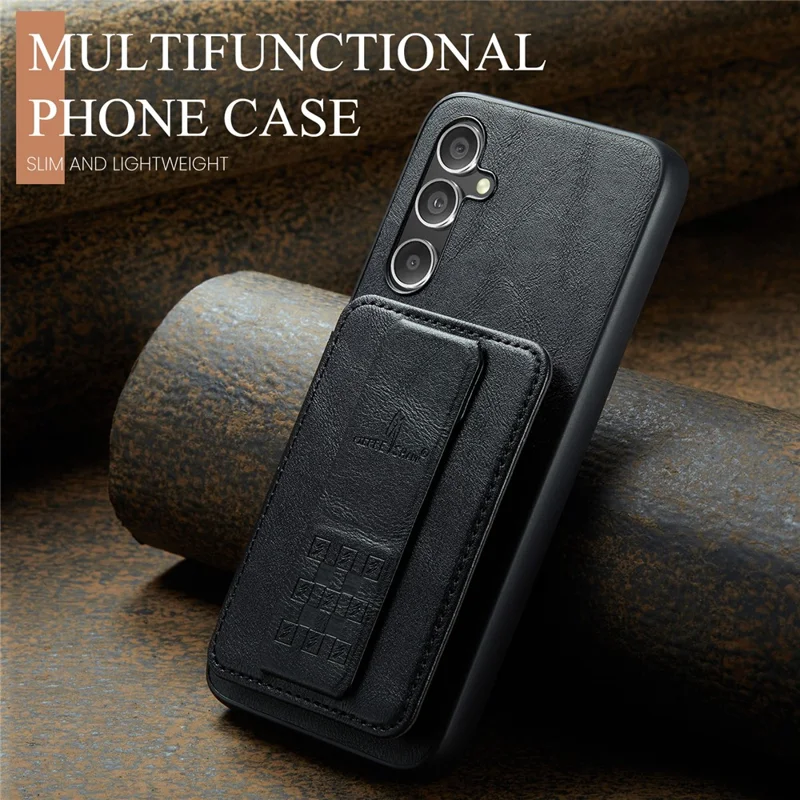 FIERRE SHANN 024 Style For Samsung Galaxy S25+ Case Card Holder Kickstand Waxy Texture Leather + TPU Phone Cover - Black