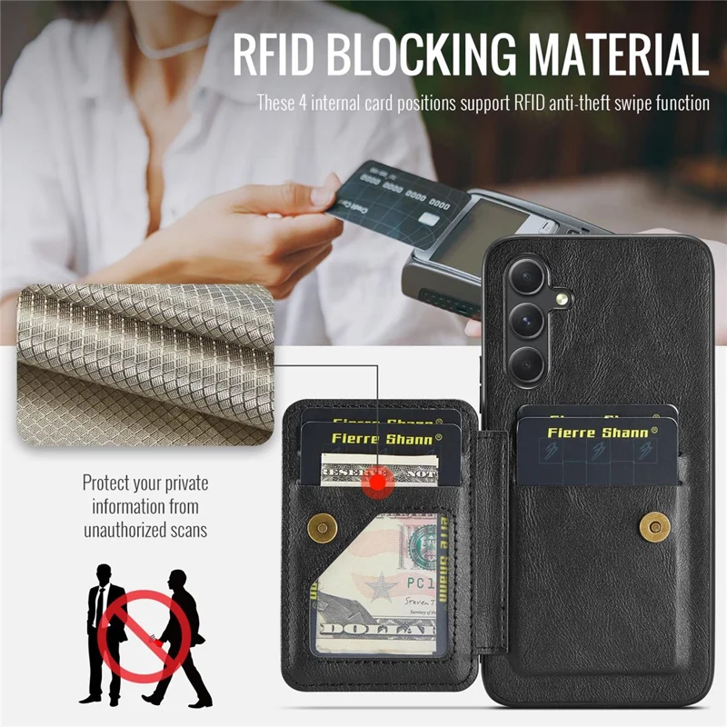 FIERRE SHANN 024 Style For Samsung Galaxy S25+ Case Card Holder Kickstand Waxy Texture Leather + TPU Phone Cover - Black