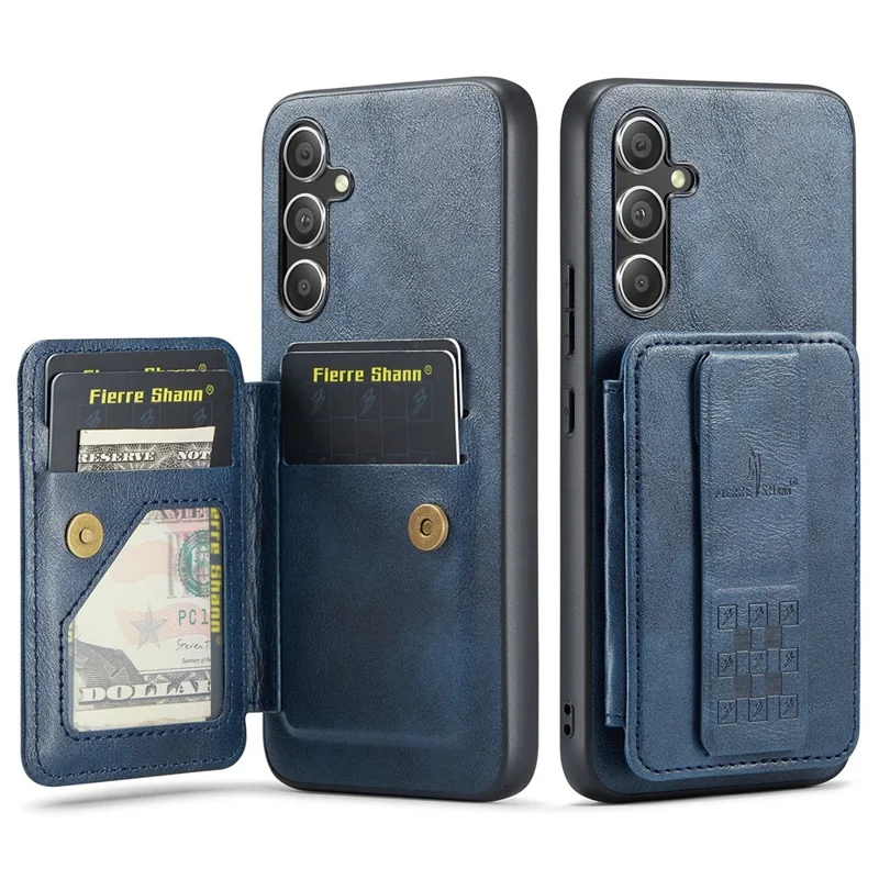 FIERRE SHANN 024 Style For Samsung Galaxy S25+ Case Card Holder Kickstand Waxy Texture Leather + TPU Phone Cover - Blue