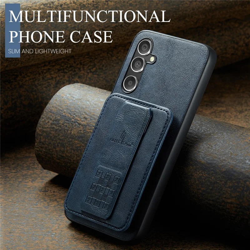 FIERRE SHANN 024 Style For Samsung Galaxy S25+ Case Card Holder Kickstand Waxy Texture Leather + TPU Phone Cover - Blue