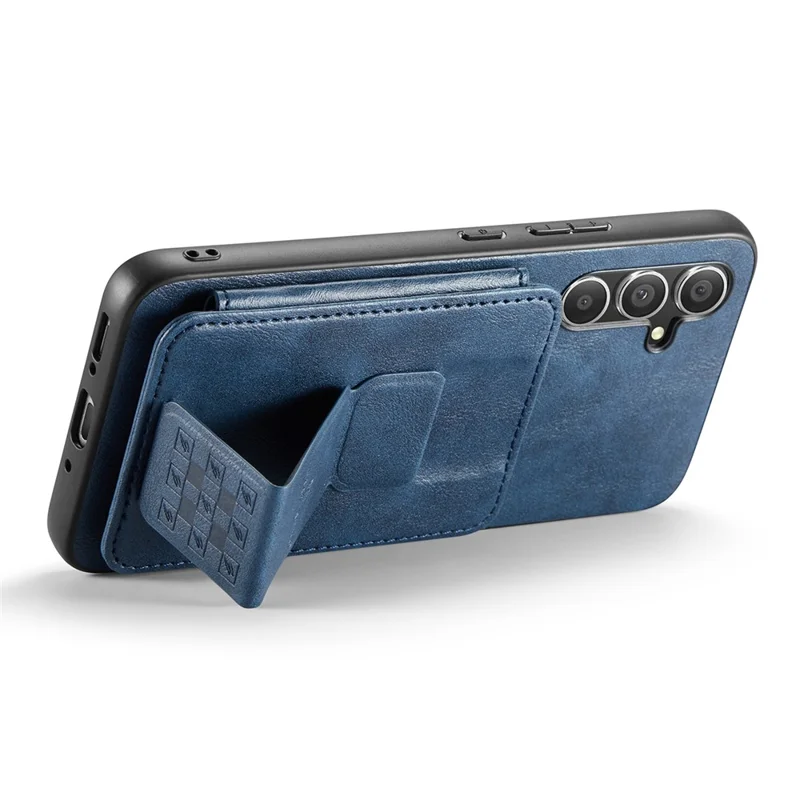 FIERRE SHANN 024 Style For Samsung Galaxy S25+ Case Card Holder Kickstand Waxy Texture Leather + TPU Phone Cover - Blue
