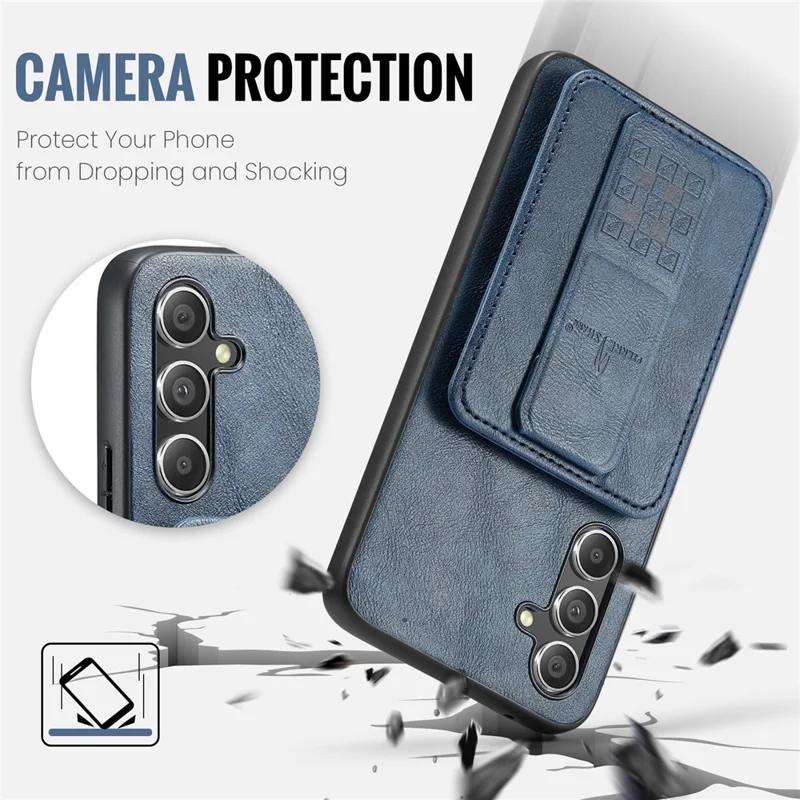 FIERRE SHANN 024 Style For Samsung Galaxy S25+ Case Card Holder Kickstand Waxy Texture Leather + TPU Phone Cover - Blue