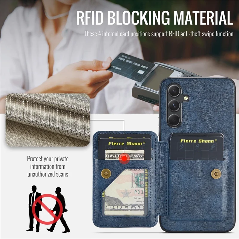 FIERRE SHANN 024 Style For Samsung Galaxy S25+ Case Card Holder Kickstand Waxy Texture Leather + TPU Phone Cover - Blue