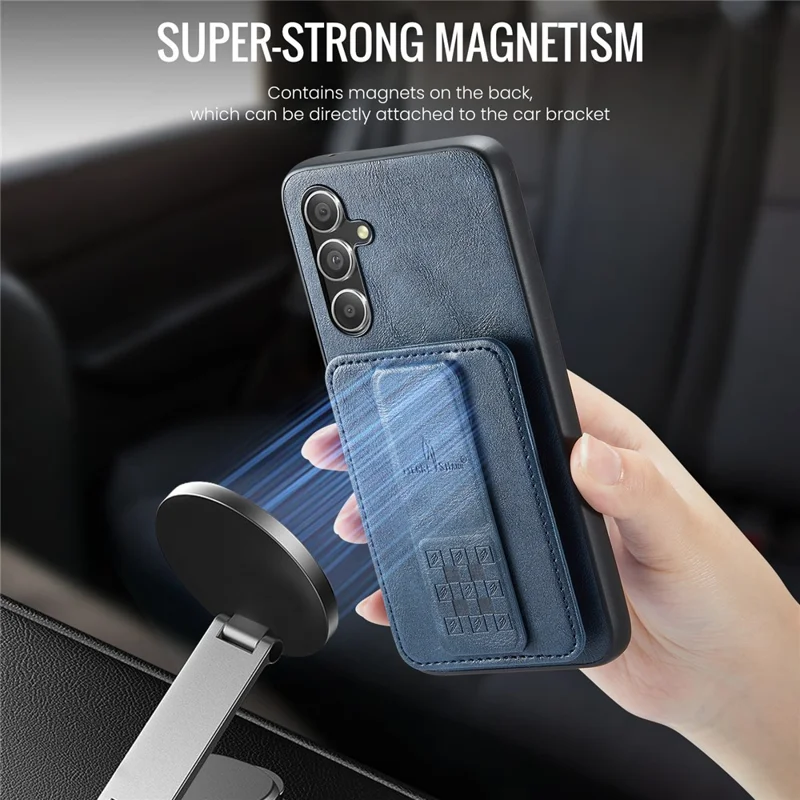 FIERRE SHANN 024 Style For Samsung Galaxy S25+ Case Card Holder Kickstand Waxy Texture Leather + TPU Phone Cover - Blue