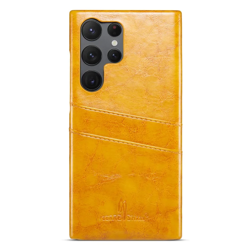FIERRE SHANN For Samsung Galaxy S25 Ultra Case Waxy PU Leather + PC Card Holder Phone Cover - Yellow