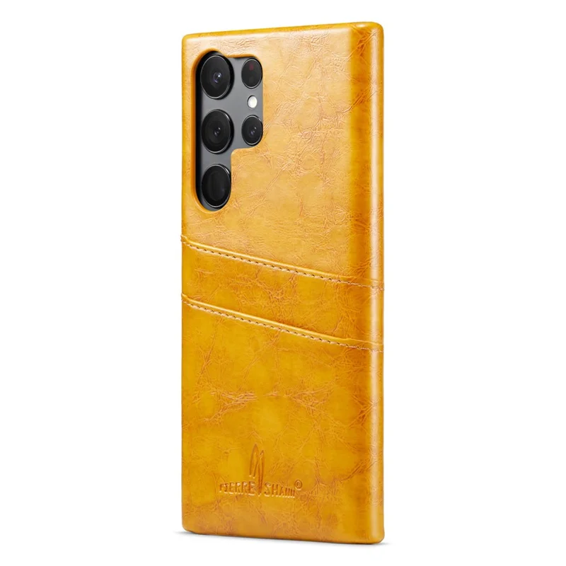 FIERRE SHANN For Samsung Galaxy S25 Ultra Case Waxy PU Leather + PC Card Holder Phone Cover - Yellow