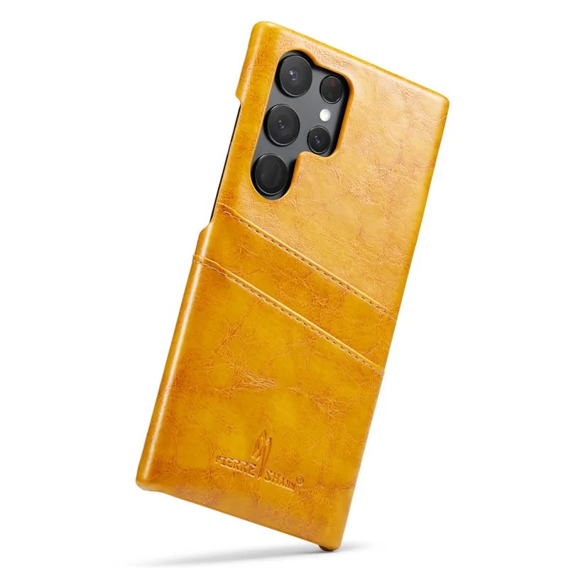 FIERRE SHANN For Samsung Galaxy S25 Ultra Case Waxy PU Leather + PC Card Holder Phone Cover - Yellow