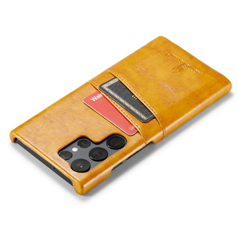 FIERRE SHANN For Samsung Galaxy S25 Ultra Case Waxy PU Leather + PC Card Holder Phone Cover - Yellow