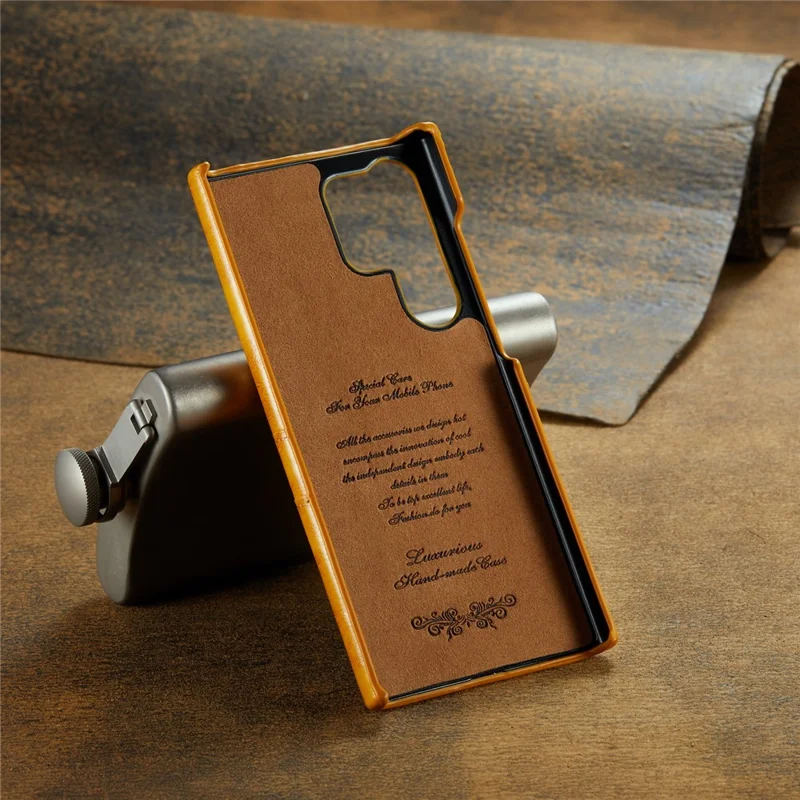 FIERRE SHANN For Samsung Galaxy S25 Ultra Case Waxy PU Leather + PC Card Holder Phone Cover - Yellow