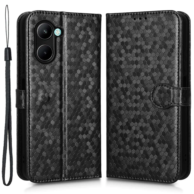 Flip etui med PU-læder og prikdesign til Realme C22 4G med ståfunktion, tegnebog og rem – Sort