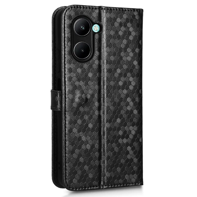 Flip etui med PU-læder og prikdesign til Realme C22 4G med ståfunktion, tegnebog og rem – Sort