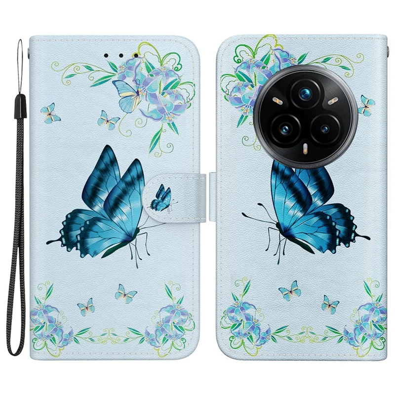 For Realme 14 Pro+ 5G Wallet Phone Case Anti-Drop Leather Flip Cover Pattern Printing - Blue Butterfly Flower