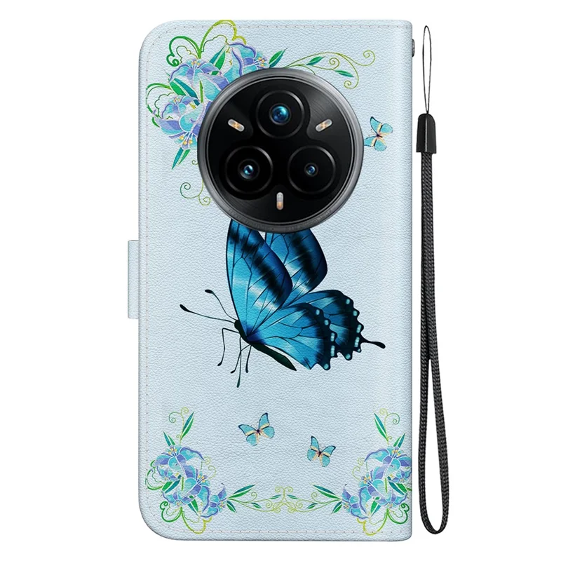 For Realme 14 Pro+ 5G Wallet Phone Case Anti-Drop Leather Flip Cover Pattern Printing - Blue Butterfly Flower
