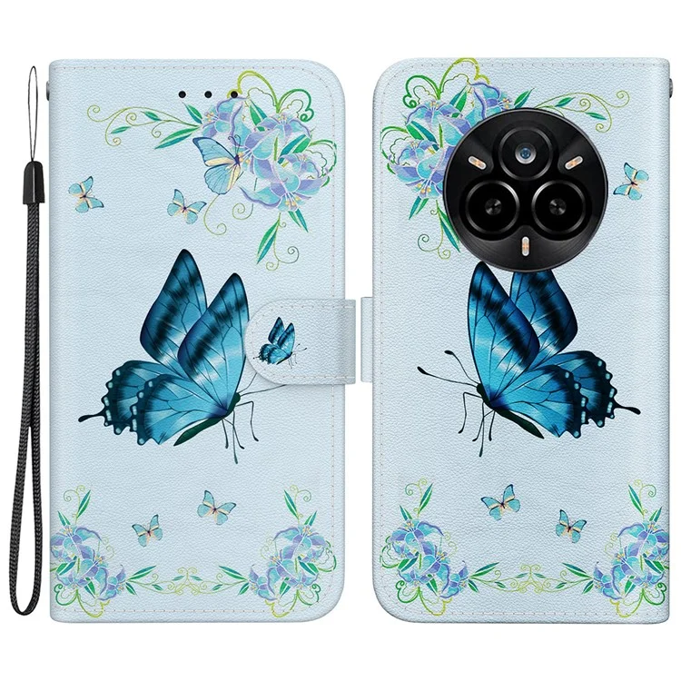 Für Realme 14 Pro 5G Geldbörsen-Handyhülle Stoßfest Leder Flip Cover mit Muster-Druck - Blauer Schmetterling Blume