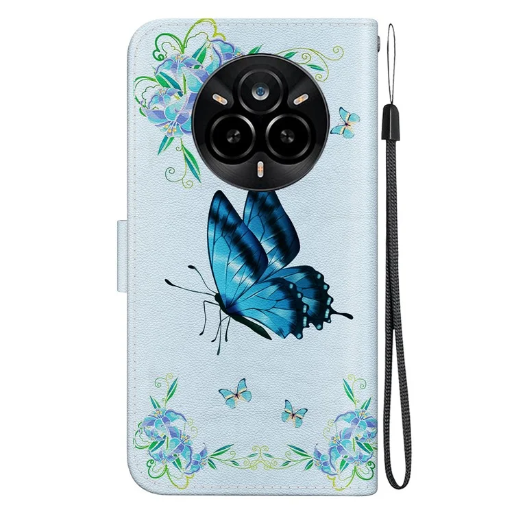 Für Realme 14 Pro 5G Geldbörsen-Handyhülle Stoßfest Leder Flip Cover mit Muster-Druck - Blauer Schmetterling Blume