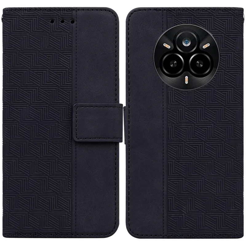 Etui na Realme 14 Pro 5G, etui skórzane z wzorem geometrycznym, portfel z paskiem na nadgarstek - czarny