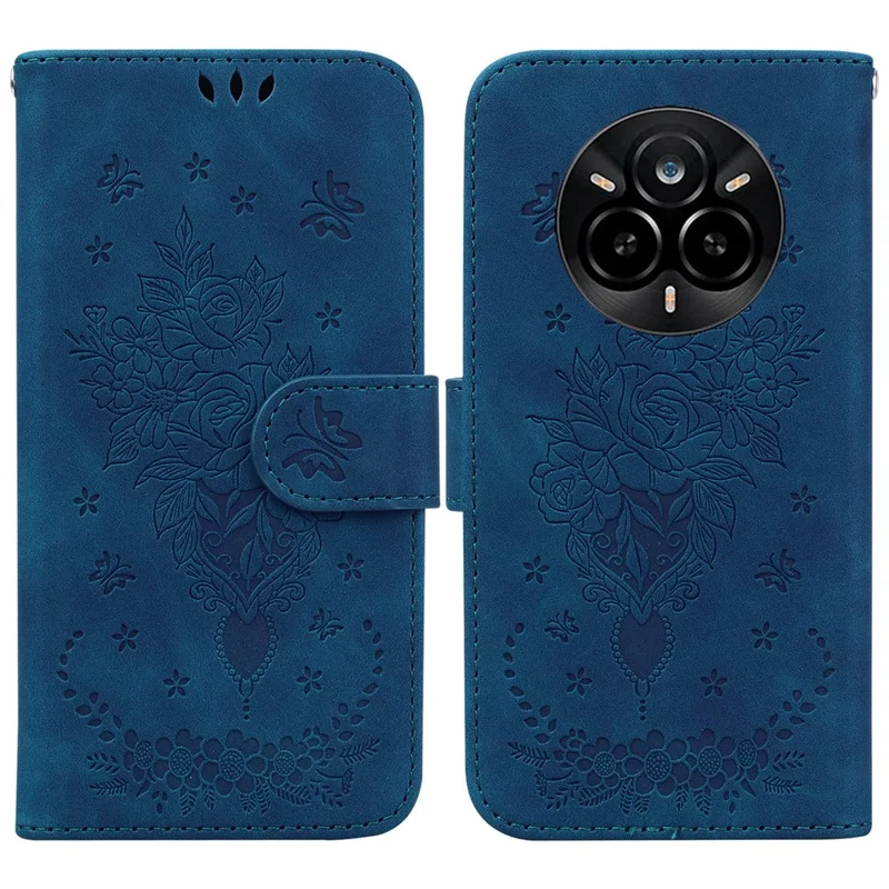 Voor Realme 14 Pro 5G hoesje PU lederen portemonnee telefoonhoesje met vlinder- en bloemenprint - Blauw