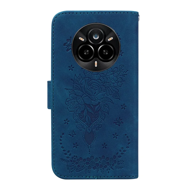 Voor Realme 14 Pro 5G hoesje PU lederen portemonnee telefoonhoesje met vlinder- en bloemenprint - Blauw