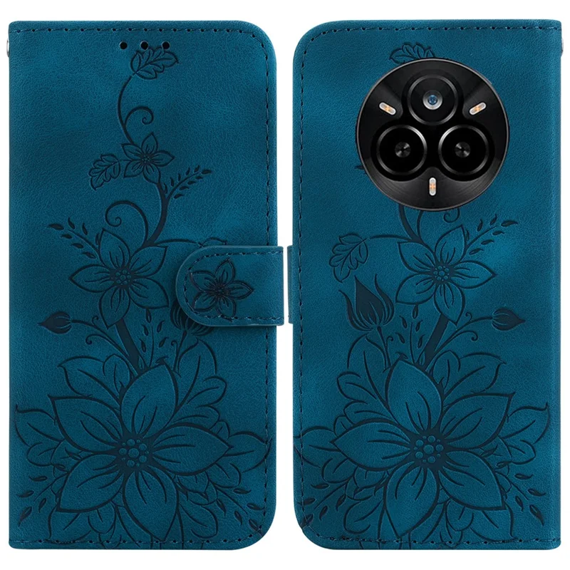 For Realme 14 Pro 5G Case Lily Flower Imprint Leather Phone Cover with Stand - Dark Blue