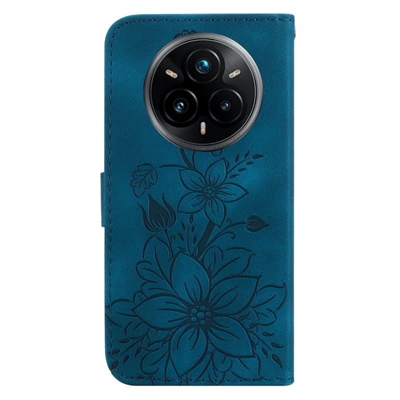 For Realme 14 Pro+ 5G Case Lily Flower Imprint Leather Phone Cover with Stand - Dark Blue