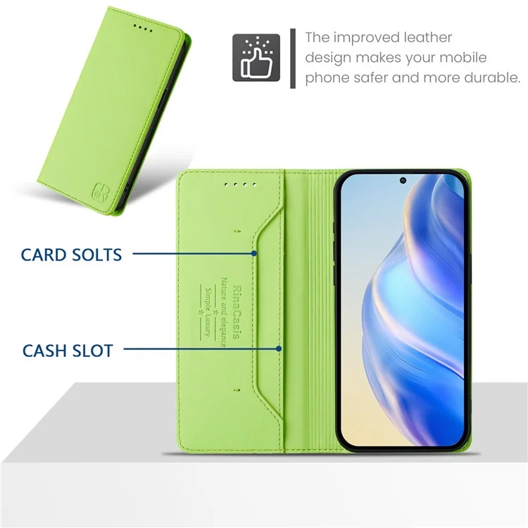 RINACASIS RC01 Lederhülle für iPhone 16e mit RFID-Schutz, Brieftasche, Ständer, Magnetverschluss, stoßfeste Handyhülle - Grün