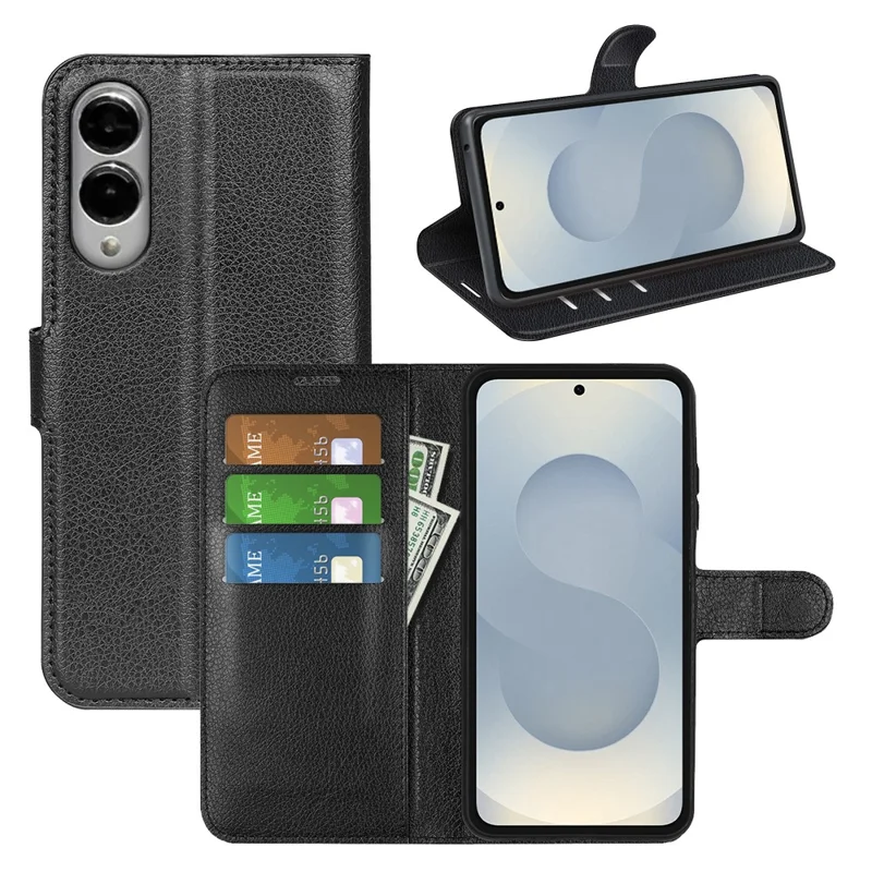 For Samsung Galaxy S25 Edge Case Litchi Texture Shockproof Leather Wallet Phone Cover - Black