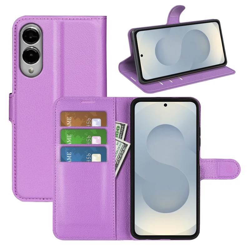 For Samsung Galaxy S25 Edge Case Litchi Texture Shockproof Leather Wallet Phone Cover - Purple