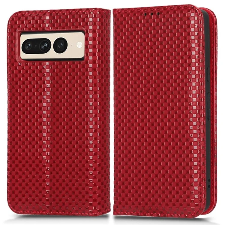 Funda de Teléfono Anti-Gota para Google Pixel 7 Pro 5G, Funda de Teléfono de Cuero PU con Cierre Magnético y Textura de Cuadrícula, Protección Plegable Tipo Cartera con Soporte - Rojo Vino