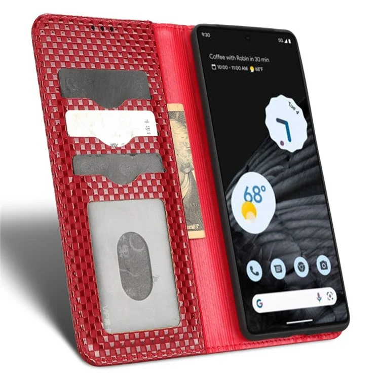 Funda de Teléfono Anti-Gota para Google Pixel 7 Pro 5G, Funda de Teléfono de Cuero PU con Cierre Magnético y Textura de Cuadrícula, Protección Plegable Tipo Cartera con Soporte - Rojo Vino