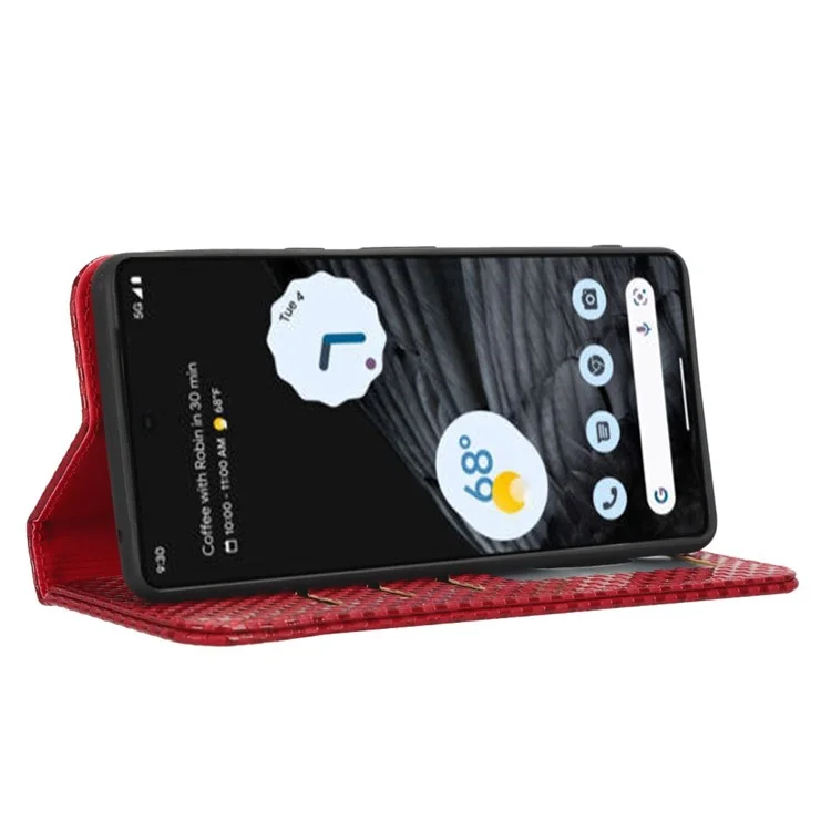 Funda de Teléfono Anti-Gota para Google Pixel 7 Pro 5G, Funda de Teléfono de Cuero PU con Cierre Magnético y Textura de Cuadrícula, Protección Plegable Tipo Cartera con Soporte - Rojo Vino