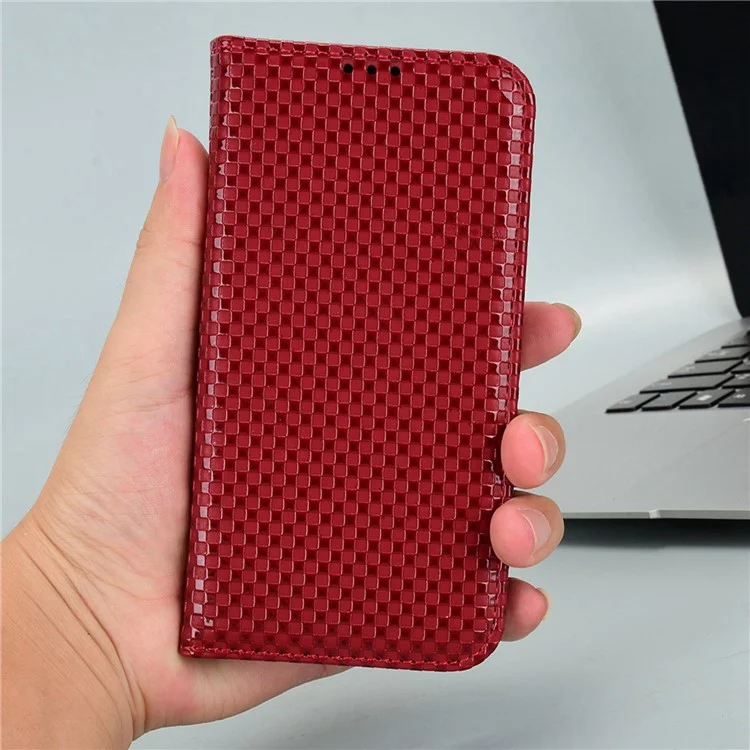 Funda de Teléfono Anti-Gota para Google Pixel 7 Pro 5G, Funda de Teléfono de Cuero PU con Cierre Magnético y Textura de Cuadrícula, Protección Plegable Tipo Cartera con Soporte - Rojo Vino
