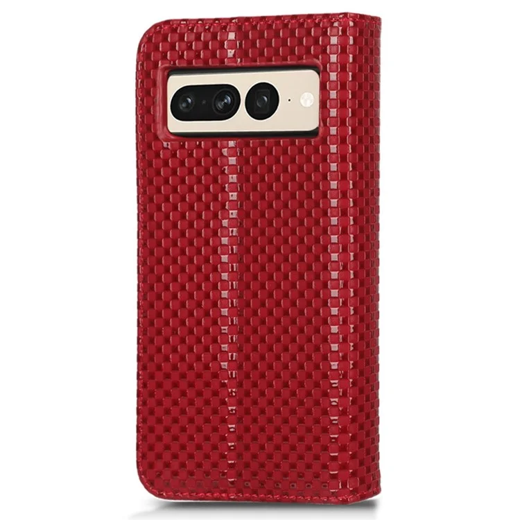 Funda de Teléfono Anti-Gota para Google Pixel 7 Pro 5G, Funda de Teléfono de Cuero PU con Cierre Magnético y Textura de Cuadrícula, Protección Plegable Tipo Cartera con Soporte - Rojo Vino