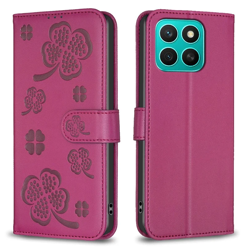 For Honor X8c 4G Case Clover Pattern Wallet Stand View Leather Phone Cover - Rose