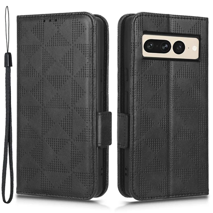 Flip Cell Phone Cover For Google Pixel 7 Pro 5G, Imprinted Triangle Pattern Leather Magnetic Phone Case with Stand Wallet - Black