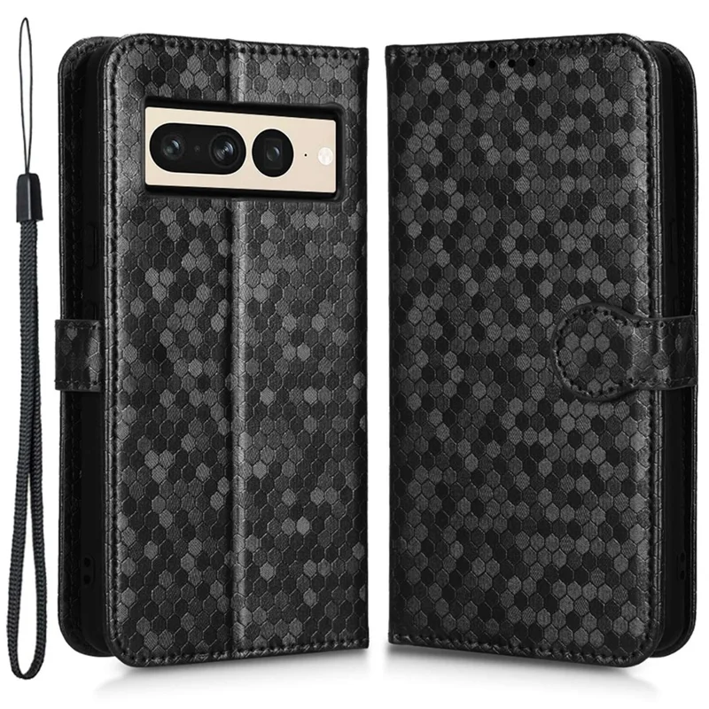 Shockproof Phone Case for Google Pixel 7 Pro 5G, Dot Pattern Imprinted Stand Cell Phone Flip Leather Wallet Cover with Strap - Black