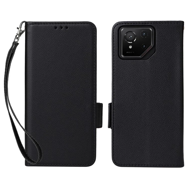 Funda tipo cartera con tapa para Asus ROG Phone 9 5G / Phone 9 Pro 5G, textura de cuero tipo litchi, en color negro