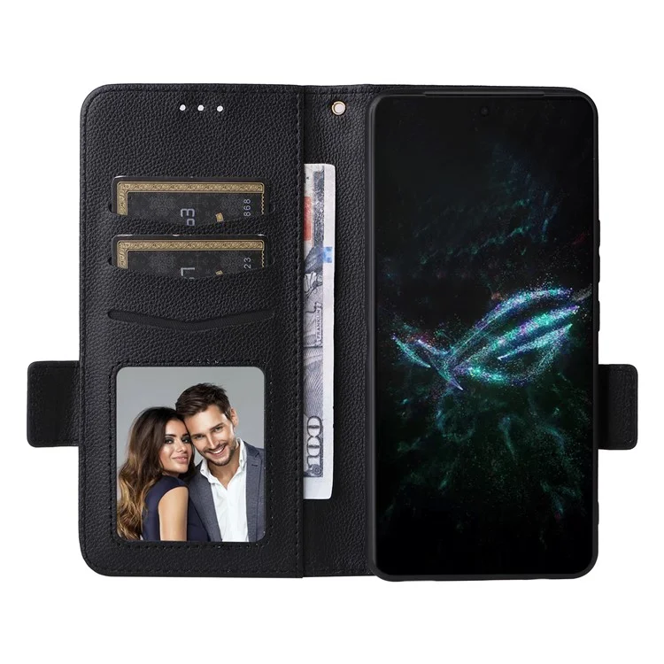 Funda tipo cartera con tapa para Asus ROG Phone 9 5G / Phone 9 Pro 5G, textura de cuero tipo litchi, en color negro