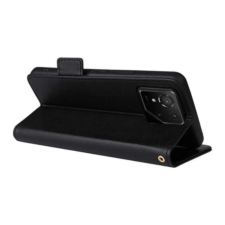 Funda tipo cartera con tapa para Asus ROG Phone 9 5G / Phone 9 Pro 5G, textura de cuero tipo litchi, en color negro