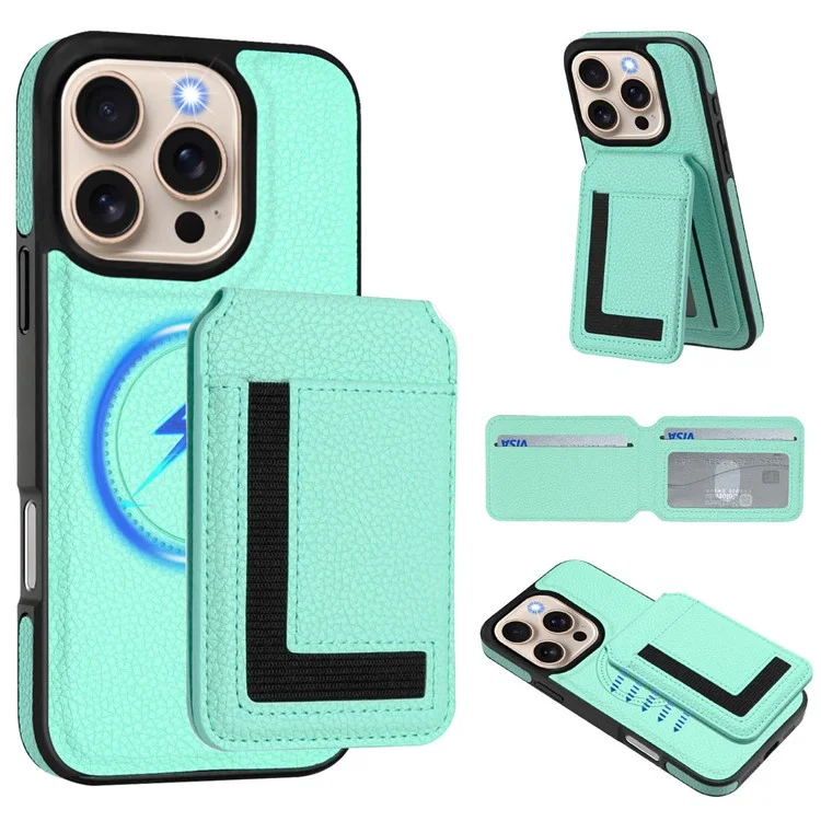 Für iPhone 16 Pro Max Magnetische Hülle TPU + PU Leder Handyrückseite mit abnehmbarem Kartenhalter - Mintgrün