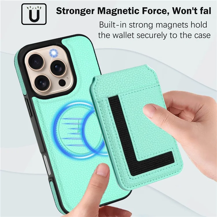 Für iPhone 16 Pro Max Magnetische Hülle TPU + PU Leder Handyrückseite mit abnehmbarem Kartenhalter - Mintgrün